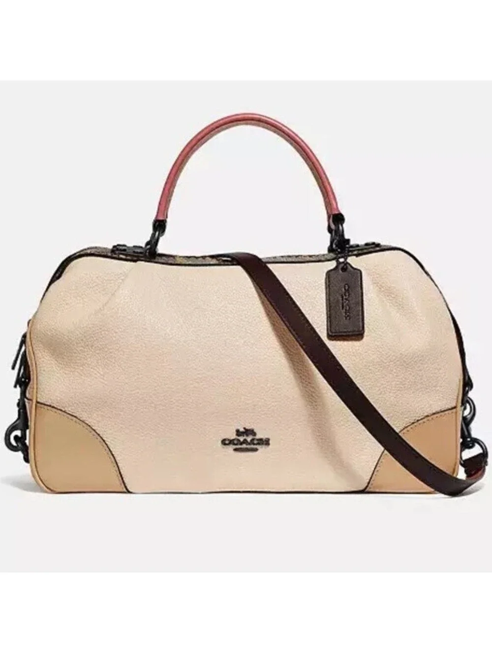 Coach Lane Cream Pebbled Leather Satchel with Coral Handles Snakeskin Detail
